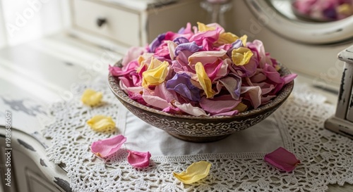 A Rustic Bowl Overflowing with Vibrant Dried Flower Petals in Shades of Pink, Purple, and Yellow on a Lace Surface