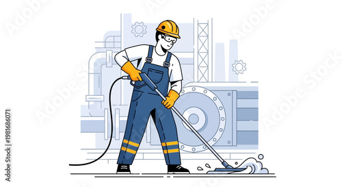 Industrial worker cleaning machinery with pressure washer, factory background illustration