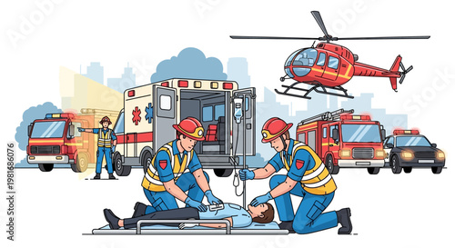 Emergency Medical Services Rescue: Ambulance, Helicopter, Fire Truck, Paramedics Saving Life