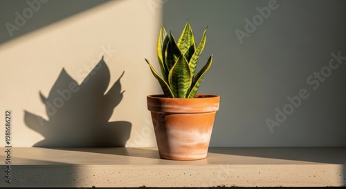 A vibrant Sansevieria snake plant in a classic terracotta pot bathed in soft sunlight