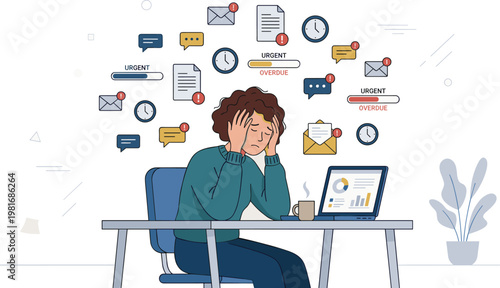 Overwhelmed worker illustration, urgent tasks, overdue deadlines, stress concept, workplace burnout, digital overload, time pressure, productivity challenge, office fatigue, notifications chaos
