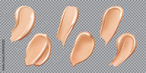 Realistic foundation cream and cosmetic swatch smears for makeup, vector strokes set. Beige foundation cream swatches of concealer liquid or face cosmetic and BB or CC cream texture in glossy smears