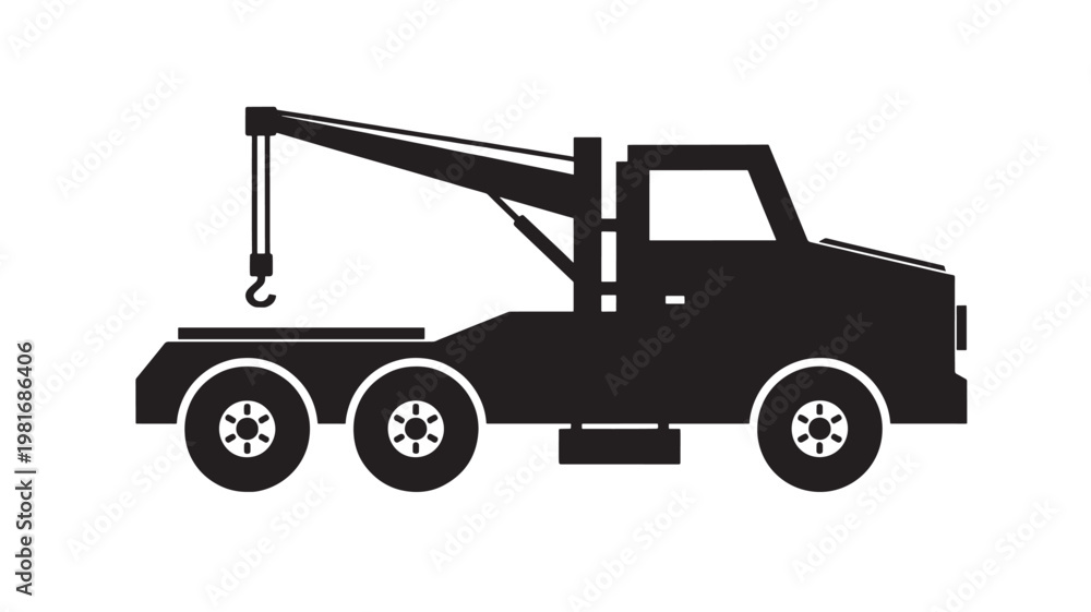 Fototapeta premium Truck crane icon with black silhouette, white outlines, and a raised boom for construction work featuring lifting, hoist, machinery with vector style