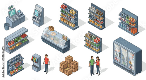 Comprehensive isometric collection of supermarket and grocery store elements featuring shelves, people, checkout counters, and products.
