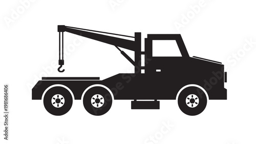 Truck crane icon with black silhouette, white outlines, and a raised boom for construction work featuring lifting, hoist, machinery with vector style