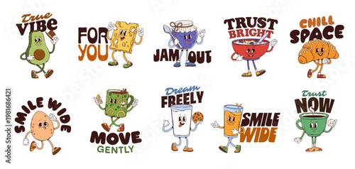 Funny breakfast y2k groovy stickers. Playful cartoon vector avocado, cheese, jam jar, cereal bowl, croissant, egg, milk, juice, tea and mug food characters with smiling faces spread good positive vibe