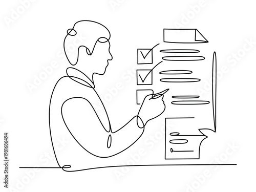 Continuous line drawing of a person checking a todo list on a large screen  business concept