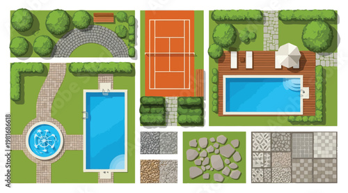 A collection of various outdoor pool and garden designs with different textures and patterns