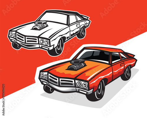 Vintage style classic muscle car clip art. Big supercharged engine