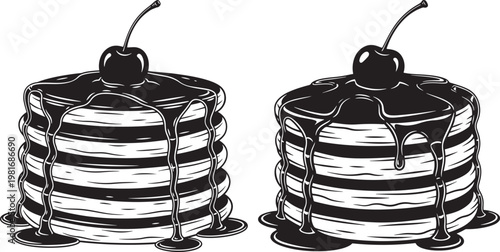 Two stacks of pancakes drizzled with chocolate syrup and topped with a cherry stack of pancakes white background coffee break pancakes breakfast chocolate delicious illustration silhouette