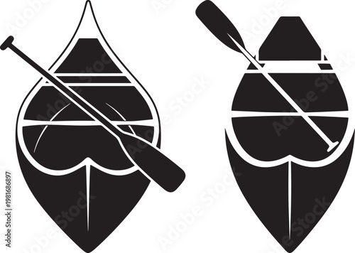 Two canoe silhouettes with paddles inside viewed from the front water sport white background recreation activity transport vacation adventure illustration silhouette isolated expedition