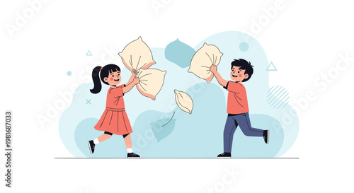 Joyful illustration of a young girl and boy having a playful pillow fight with feathers flying around in a room.