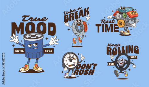 Retro groovy car spare parts characters stickers and vehicle detail personages t shirt prints. Automotive oil filter, brake disc, engine, speedometer and steering wheel with sneakers and fun slogans