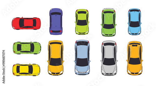 Overhead view of various colorful cars on a, showcasing different models and vibrant hues in a single image
