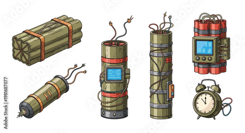 Various types of improvised explosive devices and sticks of dynamite equipped with digital timers, wires, and alarm clocks.