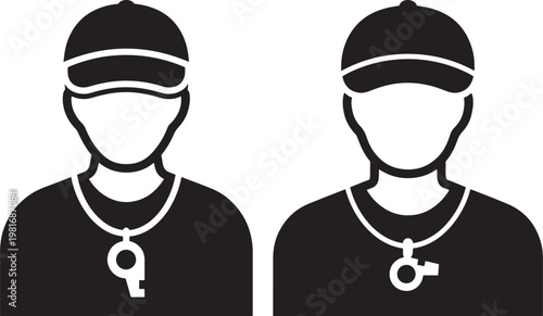 Two coaches with whistles authority silhouette necklace competition training exercise activity recreation coaching guidance leadership management strategy performance achievement
