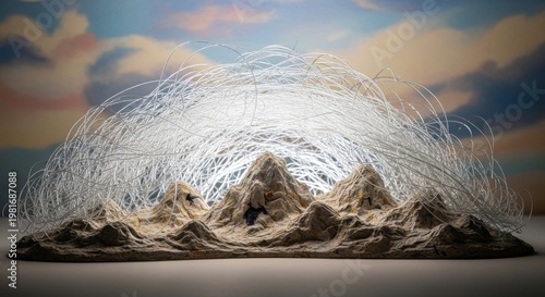 Delicate spun glass filaments form an intricate abstract network atop textured mountain peaks against a cloudy sky