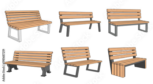 Diverse collection of outdoor park benches made of wood and metal shown from different perspective angles and architectural styles.
