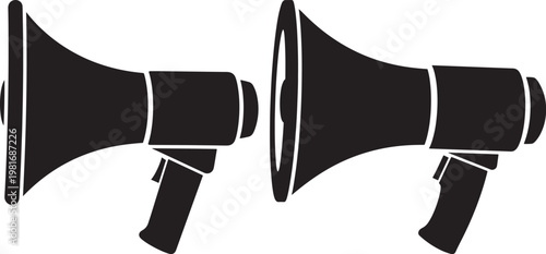 Two megaphones with sound system megaphone announcement announcer announcing announces amplification communication information demonstration proclaim broadcast television promotion