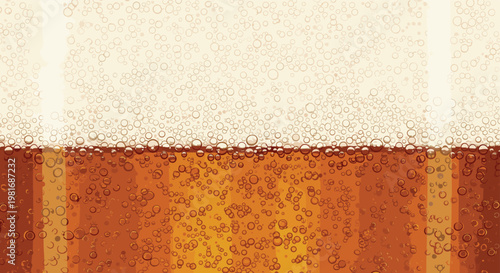 Close-up background of a refreshing glass of carbonated beer showing rising bubbles and a layer of thick white foam.