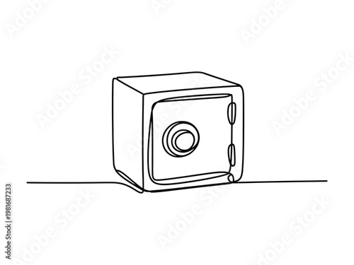 Continuous line drawing of a safe box with a circular dial on the front door and a handle on the side  simple minimalist design