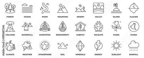 Nature Icon Set Collection. With Icon forest, ocean, river, mountain, desert, valley, island, glacier, volcano, waterfall, ecosystem, climate, habitat and more. Outline Style Icon Vector Illustration.