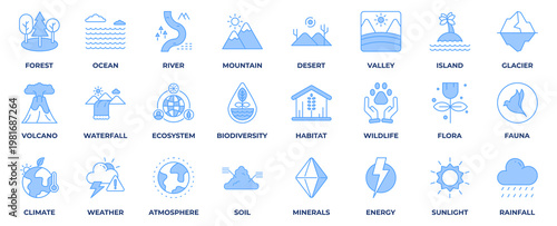 Nature Icon Set Collection. With Icon forest, ocean, river, mountain, desert, valley, island, glacier, volcano, waterfall, ecosystem, climate, habitat and more. Blue Style Icon Vector Illustration.