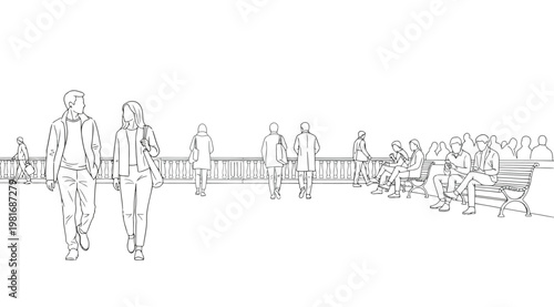 Line drawing of people walking and sitting on a bridge or pier with railing