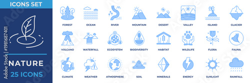 Nature Icon Set Collection. Containing forest, ocean, river, mountain, desert, valley, island, glacier, volcano, waterfall, ecosystem, climate, habitat and more. Blue Icon Vector Illustration.