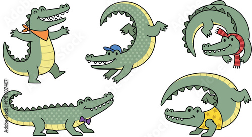 Crocodile characters are depicted in various playful poses and outfits in this collection of colorful vector illustrations designed for children.