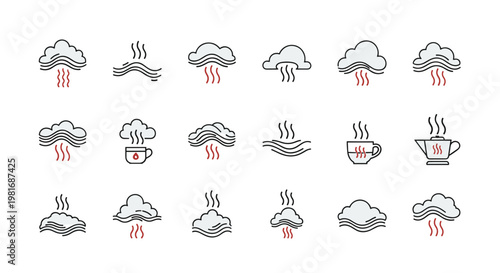 Collection of simple graphic icons representing weather conditions like clouds, rain, and heat, along with a steaming cup and kettle.