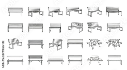 A collection of various bench and picnic table designs in line art style