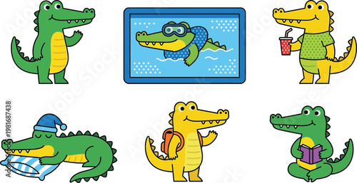 Crocodile characters perform daily activities including swimming, drinking, reading, and sleeping in this series of cute vector illustrations.