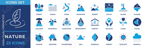 Nature Icon Set Collection. Containing forest, ocean, river, mountain, desert, valley, island, glacier, volcano, waterfall, ecosystem, climate, habitat and more. Solid Icon Vector Illustration.