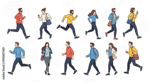 Large collection of diverse male and female characters shown in active poses such as running, walking, and using mobile phones.