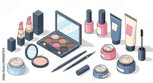 Detailed isometric collection of cosmetic products including lipstick, eyeshadow palettes, nail polish, and makeup brushes for beauty care.
