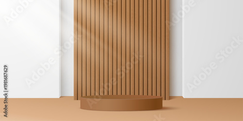 3d realistic brown podium stage stand with wooden wall and arch. Vector fashion presentation mockup, packaging display and showroom exhibition layout with natural wood platform and low round scene
