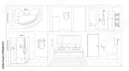 Blueprint style illustration of a modern bathroom interior with various fixtures and fittings including a bathtub, shower, sink, toilet and bidet