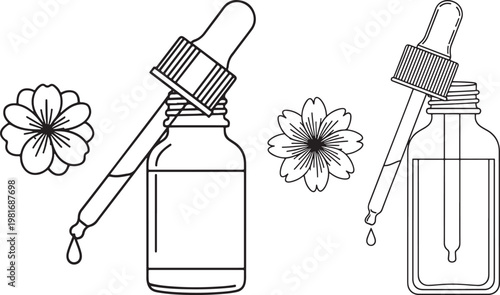 Bottles of essential oil with droppers and flower blossoms black and white alternative medicine flower essence herbal extract beauty product organic product botanical extract aromatherapy