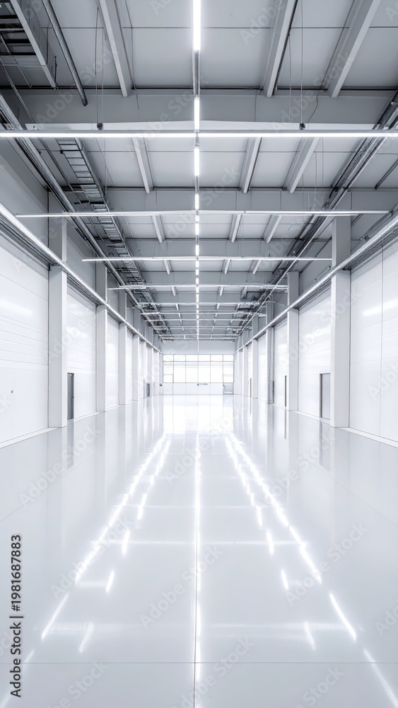 Obraz premium Spacious Industrial Warehouse Interior with Bright Lighting and Clean Floor