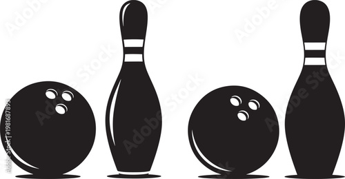 Two bowling pins and two bowling balls with black and white activity competition recreation equipment circular cylindrical silhouette illustration isolated gameplay athletic challenge