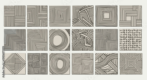 Diverse collection of abstract hand-drawn patterns in square frames featuring various geometric lines, circles, and maze-like textures.