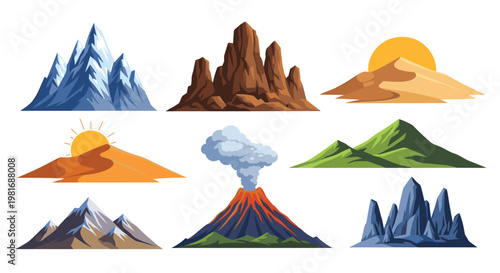 Diverse collection of mountain landscape illustrations featuring snow-capped peaks, desert dunes, lush green hills, and an active volcano.