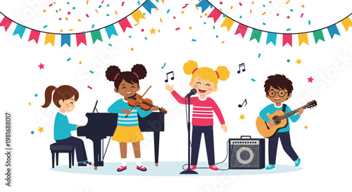 Talented group of diverse children performing in a musical band during a celebration with instruments and colorful confetti.