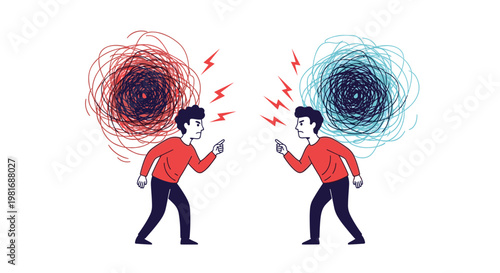 Two men having an intense verbal argument with red and blue scribble clouds overhead symbolizing anger and mental conflict.