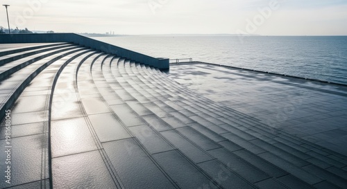 Modern Concrete Staircase Leading to a Waterfront Promenade with Ocean Views