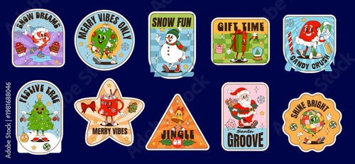 Christmas groovy label stickers Xmas retro patches for winter holiday, cartoon vector. Christmas Y2K groovy stickers with funny Santa and gifts bag, Xmas tree and funky snowman with greeting quotes