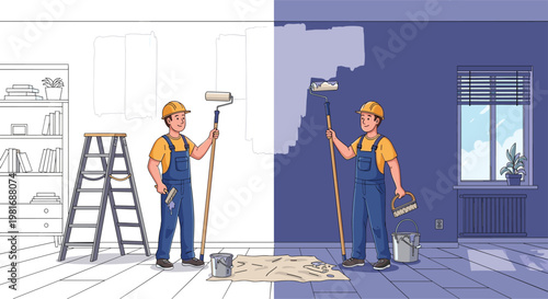 Professional painters working on a room renovation with a before and after view of a blue painted wall and furniture.