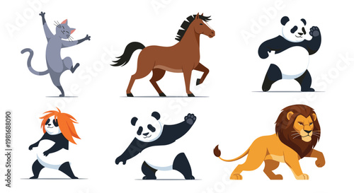 Set of animals including a cat, horse, panda, and lion in various active and dynamic poses for character design projects.