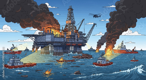 Offshore oil rig disaster with fire, smoke, and rescue boats in ocean.